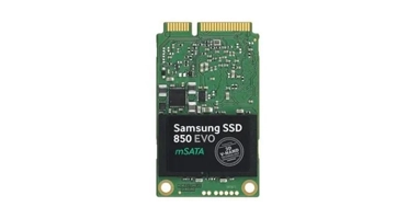 Samsung SSD 850 EVO mSATA drive, showcasing its compact form factor and connectors.