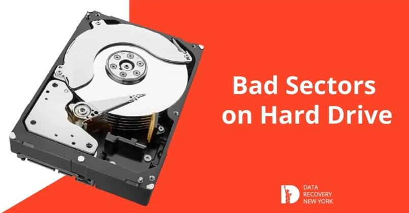 Diagram explaining bad sectors on a hard drive, including types (physical and logical), symptoms, causes, detection methods, and repair solutions.