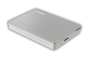 Image of a Canvio Flex external hard drive, showing its sleek design and connectivity options.