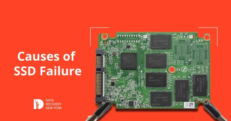 Infographic detailing causes of SSD failure, including wear and tear, controller malfunction, firmware corruption, power issues, overheating, physical damage, manufacturing defects, data corruption, firmware bugs, and improper use.