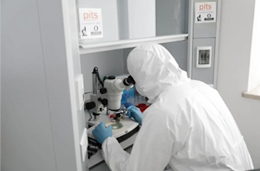 Cleanroom environment with controlled airflow, sterile work surfaces, and personnel in protective gear.