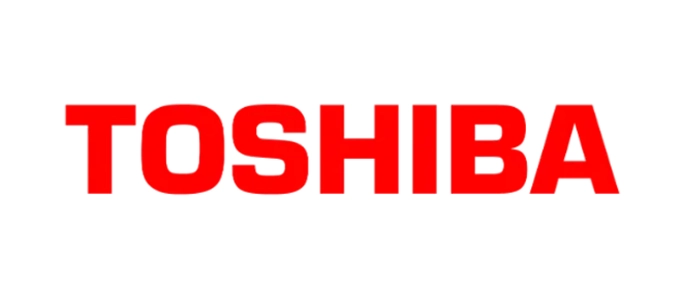 Toshiba logo with the text "Toshiba" in bold, red letters.