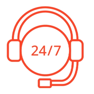 24/7 Customer Support logo with a phone icon and clock symbol.