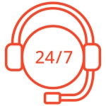 Icon representing 24/7 customer support, including elements like a clock and headset to signify around-the-clock assistance.