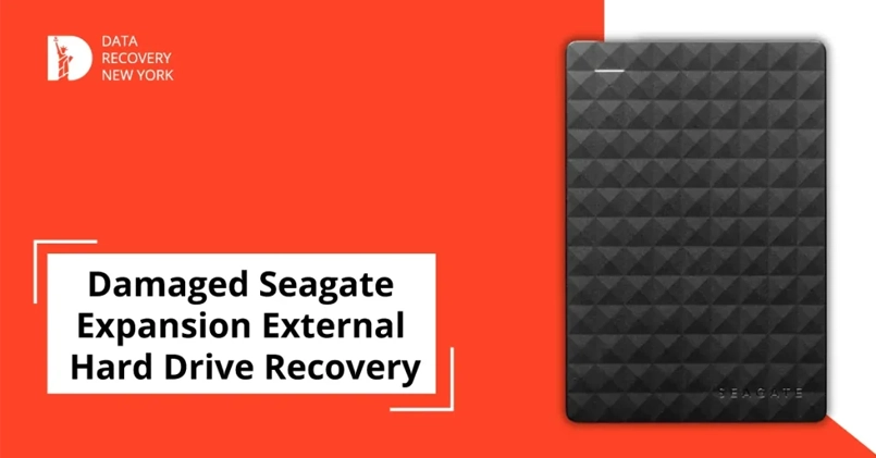 Infographic showing steps for recovering data from a damaged Seagate Expansion external HDD, including diagnostic methods, recovery techniques, and professional services.