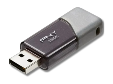 PNY 256GB USB flash drive, showing its compact design and USB connector.