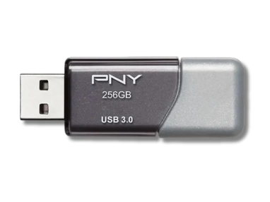 PNY 256GB USB flash drive, showing its compact design and USB connector.