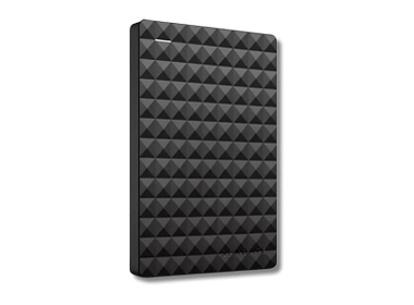 Seagate portable external hard drive with a sleek design, connected to a laptop via USB cable.