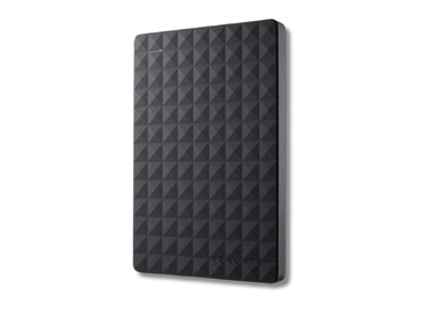 Seagate portable external hard drive with a sleek design, connected to a laptop via USB cable.