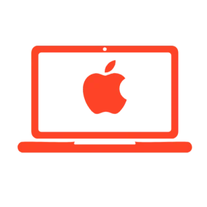 Apple MacBook logo with the Apple logo featuring a stylized apple with a bite taken out, usually in silver or black.