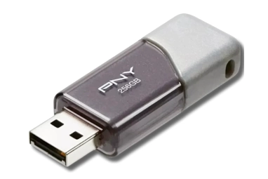 Technician examining a PNY flash drive in a recovery case, using specialized tools and software to attempt data retrieval.