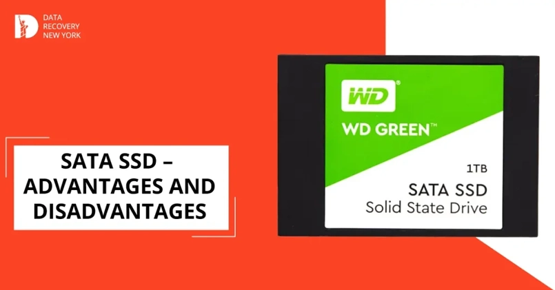 Infographic highlighting the advantages and disadvantages of SATA SSDs, including performance, cost, and compatibility factors.