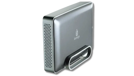 Iomega Prestige external hard drive with a sleek, metallic design and the Iomega logo prominently displayed.